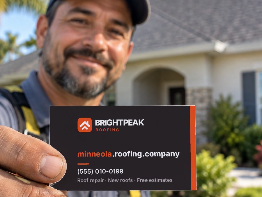 minneola.roofing.company on a roofer's business card