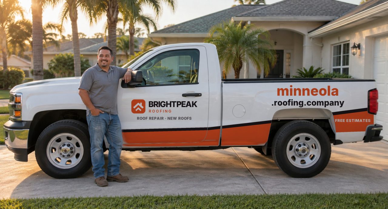 minneola.roofing.company painted on the side of a white work truck